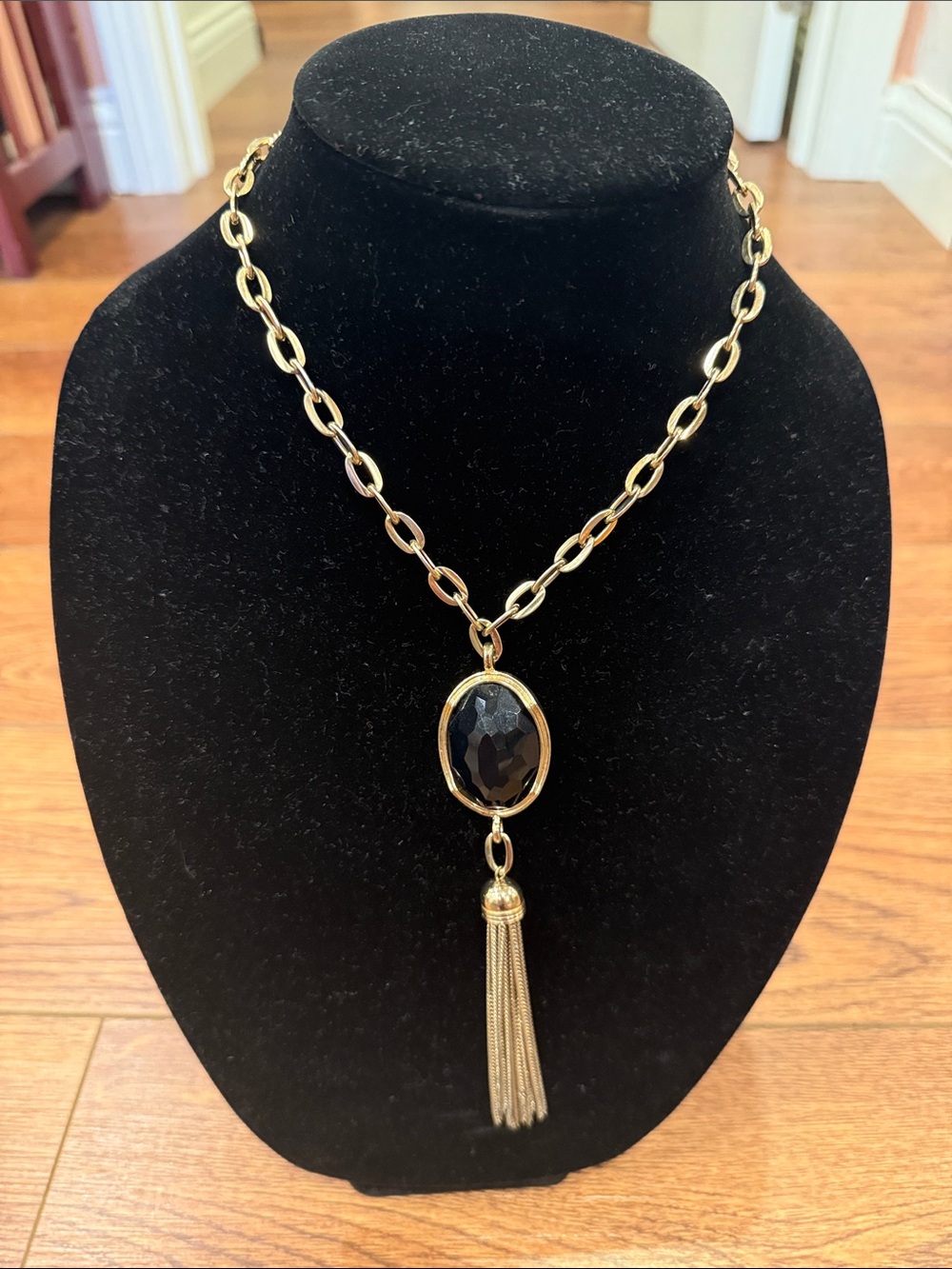 Gold Chain Necklace with Black Stone and Tassel